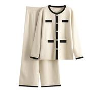 Pyjama pour femme - Pantalon long - Ensemble en tricot - 2 pièces - Élégant col rond avec boutonnière - Veste de survêtement douce et confortable - 2 pièces - Grande taille - Avec pantalon droit