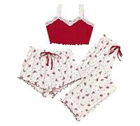 Pyjama pour femme - Short court - Ensemble 3 pièces - Chemise de nuit sans manches - En coton - Sans manches - Débardeur long - Pantalon long - Pour l'été - Léger et fin - Pour la maison, Bordeaux, S