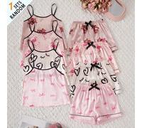 Pyjama pour filles boîte mystère, comprend 1 set imprimé ours mignon, 1 set imprimé flamant rose, 1 set imprimé nœud rayé rose & blanc, 1 set imprimé cœur & cils, 4 ensembles envoyés au hasard 1 set, 