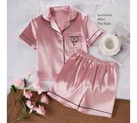 Pyjama pour filles, élégant et confortable en tissu satin doux, Top à manches courtes et short 2 pièces, rose clair avec poche et broderie en forme de cœur 8Y,9Y,10Y,11Y,12YPlantesSatin