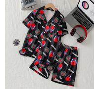 Pyjama pour garçons préadolescents, ensemble 2 pièces décontracté et minimaliste à la mode, ignifugé, avec col à revers ouvert, manches courtes et short, tenue d'intérieur et de nuit, 1 set 8Y,9Y,10Y,