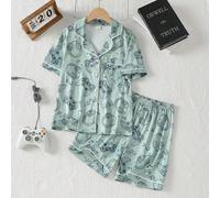 Pyjama pour garçons préadolescents résistant aux flammes avec imprimé de console de jeu numérique, de manette et de casque, design à rayures blanches contrastées, col ouvert, manches courtes, short à