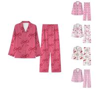 Pyjama pour petite amie - Pyjama d'amour pour femme - Nœud - Imprimé cœur - Vêtements de nuit pour la Saint-Valentin - Ensemble de pyjama doux pour femme - Vêtement de nuit boutonné avec poches