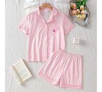 Pyjama pour préadolescentes bleu clair imprimé nœud frais fille, ensemble de détente 2 pièces élégant et mode avec Top à manches courtes ouvert devant et short 8Y,9Y,10Y,11Y,12YRayéÉtoffe