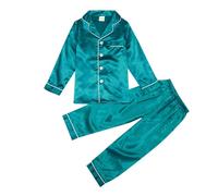 Pyjama Satin Enfant Fille 2 a 14 Ans Automne Chemise de Nuit Fille Manche Longue et Pantalons Printemps Ensembles de Pyjama garçon 2 Pieces Vetement de Nuit garçon ado Loungewear (Green, 9-10 Ans)