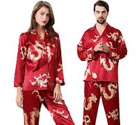 Pyjama Satin Femme,Ensemble De Pyjamas En Satin De Soie Pour Femmes 2Pcs Pantalons À Manches Longues Style Chinois Nouvel An Vêtements De Nuit À Imprimé Dragon Pyjamas Pour Hommes Vêtements De D