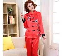 Pyjama Satin Femme,Ensemble De Pyjamas En Soie Pour Femmes Chinoises Traditionnelles Roses Ensemble De Pyjamas Brodés À Fleurs Costume 2Pces Home Wear Vêtements De Nuit Loungewear M L Xl Xxl 3Xl,R