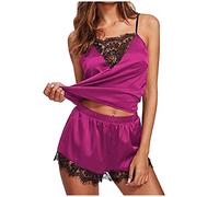 Pyjama Satin Femme Ensembles 2 PièCe Sexy Chic Lingerie VêTements De Nuit Cami Shorts Col en V Nightdress Dentelle San Manches Tenue Sleepwear Doux Confortable D'IntéRieur Homewear