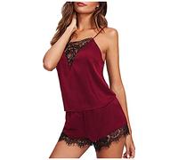 Pyjama Satin Femme Ensembles 2 PièCe Sexy Chic Lingerie VêTements De Nuit Cami Shorts Col en V Nightdress Dentelle San Manches Tenue Sleepwear Doux Confortable D'IntéRieur Homewear