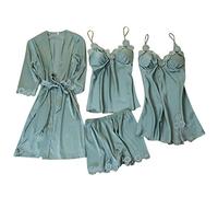 Pyjama sexy en satin 4 pièces pour femme - Chemises de nuit d'été - Robe de nuit légère - Robe de nuit + Cami Top + Short Negligee Sleepwear, vert, M