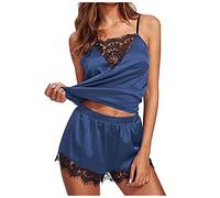Pyjama Sexy Femme Chic Satin Lingerie VêTements De Nuit Cami Shorts Col en V 2 PièCe Nightdress Dentelle San Manches Ensemble Tenue Sleepwear Doux Respirant Confortable D'IntéRieur Homewear