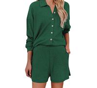 Pyjama Sexy Femme Coton Pyjama Ete Femme Satin Mesdames Solid Color Strip Button Casual Fashion Shorts Set Short Chemises De Nuit pour Army Green L
