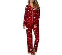 Pyjama Sexy Femme,Ensemble De Pyjama pour Femme 2 Ensembles Imprimé Pyjama De Saint-Valentin Dame Bouton Manches Longues VêTements De Maison Pyjama De Printemps