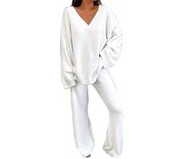 Pyjama Sexy Femme Ensembles Flous, Tenues 2 Pièces, Haut à Manches Longues, Pantalons à Jambes Larges, Ensemble Pyjama Polaire Gilet Mouton (White, S)