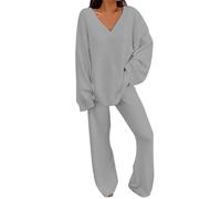 Pyjama Sexy Femme Ensembles Flous, Tenues 2 Pièces, Haut à Manches Longues, Pantalons à Jambes Larges, Ensemble Pyjama Polaire Gilet Mouton (Grey, XL)