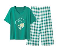Pyjama Short Femme Ensemble Pantalon Chic Coton Ete Col V Grande Taille Ensembles De Manches Courtes En À Longues Court Été Satin Pijamas Pantacourt 2 Pieces Vêtements Nuit Haute Pièces,e-Vert,5XL