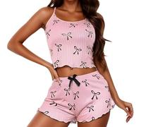 Pyjama Short Femme Ete Coton Sexy Ensemble De Deux Pièces Amour Imprimé Bretelles Réglables Tops Chic Été 2 Pièce Vêtement Nuit Haut Et Shorts Pyjamas Court Vêtements Haut De Pyjama Femme Satin