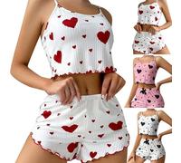 Pyjama Short Femme Été Sexy Ensemble De Deux Pièces Amour Imprimé Bretelles Réglables Tops Chic Ete 2 Pièce Vêtement Nuit Haut Et Shorts Pyjamas Court Vêtements Haut De Pyjama Femme Satin