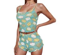 Pyjama Short Femme Été Sexy Ensemble De Deux Pièces Amour Imprimé Bretelles Réglables Tops Chic Ete 2 Pièce Vêtement Nuit Haut Et Shorts Pyjamas Court Vêtements Haut De Pyjama Coton