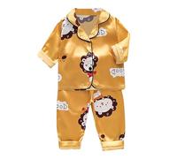 Pyjama Soie Enfant Garçon Fille Satin Bouton Chemise Haut Animaux Pantalon Long Nuit Maison Nouvel an Mode Décontracté Vêtements Corsage(Yellow, 12-24 Months)