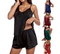 Pyjama Soie Femme, Ensembles De Pyjama Satin Femme Hiver Sexy Chic Hauts Et Short Pijamas Grande Taille 2 Pièces À Col Rond Pyjashort Nuisette en Soie Noir