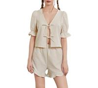 Pyjama Une Piece Femme Robe Longue Femme Hiver Femmes Cravate Avant 2 Ensemble Short Et Haut à Carreaux Manches Bouffantes Chemise Péplum Ourlet à Pyjama Integral Femmes Short Khaki XS