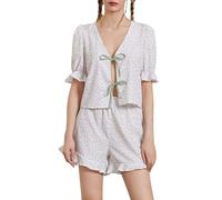 Pyjama Une Piece Femme Robe Longue Femme Hiver Femmes Cravate Avant 2 Ensemble Short Et Haut à Carreaux Manches Bouffantes Chemise Péplum Ourlet à Pyjama Integral Femmes Short White XS