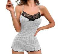 Pyjama une pièce pour femme - En coton - Combinaison extensible - Combinaison d'été - Combinaison de nuit - Sexy - Short moulant confortable - Avec bretelles spaghetti, gris, xxl