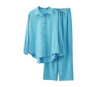 Pyjama uni en coton et lin pour femme - Couleur unie - Ensemble de vacances - Chemise légère - Coupe ample boutonnée - Coupe classique - Ensembles de col avec cordon de serrage, bleu, 5XL