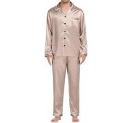 Pyjama unisexe en satin pour adulte - Vêtement de nuit boutonné - Deux pièces - Confortable - Ensemble de pyjama pour femme - Manches longues - Vêtement de détente à manches longues, beige, XL