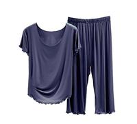 Pyjamas de Couleur Unie pour Femmes Pyjamas à Manches Courtes à col Rond et Ensemble de Pyjama Capris Pantalon Pyjama Femme Polaire Chaud Nuisette+Femme (C, M)