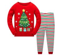 Pyjamas de Noël Assortis Pyjama 2 pièces pour garçons et Filles,Motif Sapin de Noël,Pantalon rayé,Manches Longues,vêtements Nuit,Ensemble vêtements(Red,6-7Years)