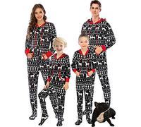 Pyjamas de Noël pour Hommes Fermeture éclair à Manches Longues Pjs à Capuche One-Piece Elk Print Footed Loungewear Sleepwear Men Noir M