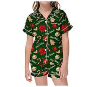 Pyjamas de NoëL Vêtements d'été pour enfants garçons filles dessin animé chauve-souris imprimé t-shirt à manches courtes pantalons courts pyjamas costumes vêtements pour enfants(Dark Green,6-7 ans)