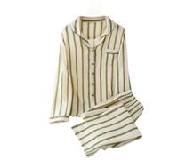 Pyjamas en crêpe de coton pour femmes, ensemble à col et boutons à manches longues, ensemble deux pièces en tenue de détente en sergé, Vert, M