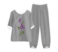 Pyjamas Ensemble 2 Pièces Femme D'été Pyjama Femme Chemise De Nuit À Manches Courtes Et Pantalon 3/4 Tenue De Nuit Cotton and Lin Deux Pièces Respirant Détente Décontracté Sleepwear