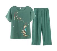 Pyjamas Ensemble 2 Pièces Femme D'été Pyjama Femme T-Shirt À Manches Courtes Et 3/4 Pantacourt Tenue D'intérieur Cotton and Lin Deux Pièces Respirant Doux Grande Taille Sleepwear D'intérieur