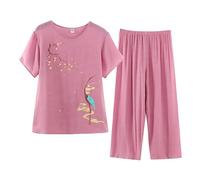 Pyjamas Ensemble 2 Pièces Femme D'été Pyjama Femme T-Shirt À Manches Courtes Et 3/4 Pantacourt Tenue D'intérieur Cotton and Lin Deux Pièces Respirant Doux Grande Taille Sleepwear D'intérieur