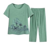 Pyjamas Ensemble 2 Pièces Femme D'été Pyjama Femme T-Shirt À Manches Courtes Et 3/4 Pantacourt Tenue D'intérieur Cotton and Lin Deux Pièces Respirant Doux Grande Taille Sleepwear D'intérieur