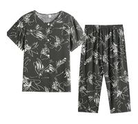 Pyjamas Ensemble 2 Pièces Femme D'été Pyjama Femme T-Shirt À Manches Courtes Et 3/4 Pantacourt Tenue D'intérieur Cotton and Lin Deux Pièces Respirant Doux Grande Taille Sleepwear D'intérieur
