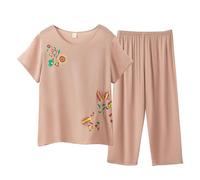 Pyjamas Ensemble 2 Pièces Femme D'été Pyjama Femme T-Shirt À Manches Courtes Et 3/4 Pantacourt Tenue D'intérieur Cotton and Lin Deux Pièces Respirant Doux Grande Taille Sleepwear D'intérieur