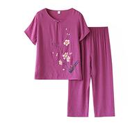 Pyjamas Ensemble 2 Pièces Femme D'été Pyjama Femme T-Shirt À Manches Courtes Et 3/4 Pantacourt Tenue D'intérieur Cotton and Lin Deux Pièces Respirant Doux Grande Taille Sleepwear D'intérieur
