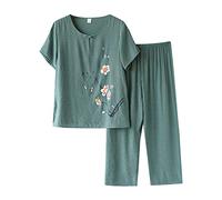 Pyjamas Ensemble 2 Pièces Femme D'été Pyjama Femme T-Shirt À Manches Courtes Et 3/4 Pantacourt Tenue D'intérieur Cotton and Lin Deux Pièces Respirant Doux Grande Taille Sleepwear D'intérieur