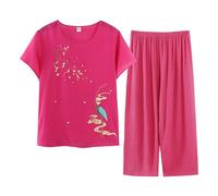 Pyjamas Ensemble 2 Pièces Femme D'été Pyjama Femme T-Shirt À Manches Courtes Et 3/4 Pantacourt Tenue D'intérieur Cotton and Lin Deux Pièces Respirant Doux Grande Taille Sleepwear D'intérieur