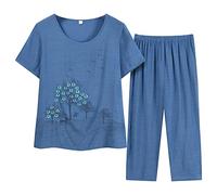 Pyjamas Ensemble 2 Pièces Femme D'été Pyjama Femme T-Shirt À Manches Courtes Et 3/4 Pantacourt Tenue D'intérieur Cotton and Lin Deux Pièces Respirant Doux Grande Taille Sleepwear D'intérieur