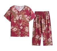 Pyjamas Ensemble 2 Pièces Femme D'été Pyjama Femme T-Shirt À Manches Courtes Et 3/4 Pantacourt Tenue D'intérieur Cotton and Lin Deux Pièces Respirant Doux Grande Taille Sleepwear D'intérieur