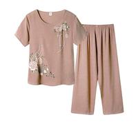 Pyjamas Ensemble 2 Pièces Femme D'été Pyjama T-Shirt À Manches Courtes Et 3/4 Pantacourt Tenue D'intérieur Cotton and Lin Deux Pièces Imprimé Doux Respirant Grande Taille Sleepwear D'intérieur