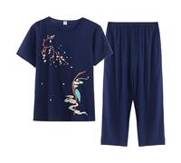 Pyjamas Ensemble 2 Pièces Femme D'été Pyjama T-Shirt À Manches Courtes Et 3/4 Pantacourt Tenue D'intérieur Cotton and Lin Deux Pièces Imprimé Chic Doux Respirant Grande Taille Sleepwear D'intérieur