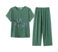 Pyjamas Ensemble 2 Pièces Femme D'été Pyjama T-Shirt À Manches Courtes Et 3/4 Pantacourt Tenue D'intérieur Cotton and Lin Deux Pièces Imprimé Chic Doux Respirant Grande Taille Sleepwear D'intérieur