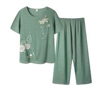 Pyjamas Ensemble 2 Pièces Femme D'été Pyjama T-Shirt À Manches Courtes Et 3/4 Pantacourt Tenue D'intérieur Cotton and Lin Deux Pièces Imprimé Chic Doux Respirant Grande Taille Sleepwear D'intérieur